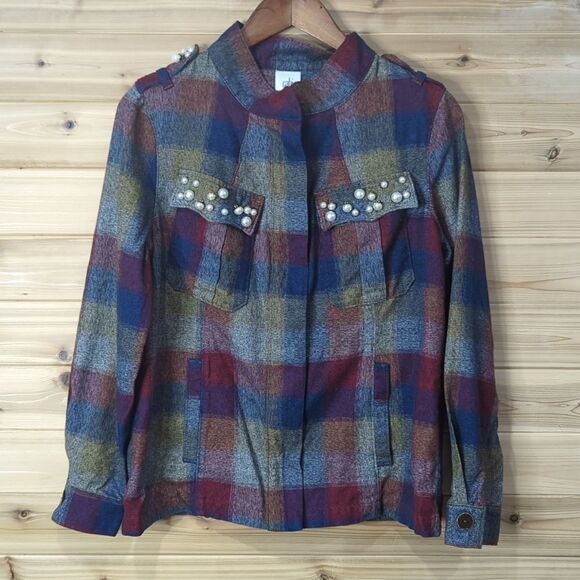 CAbi Jacket Womens Medium Multicolor #3555 Plaid Collage Zip Up Pearl - Picture 1 of 13